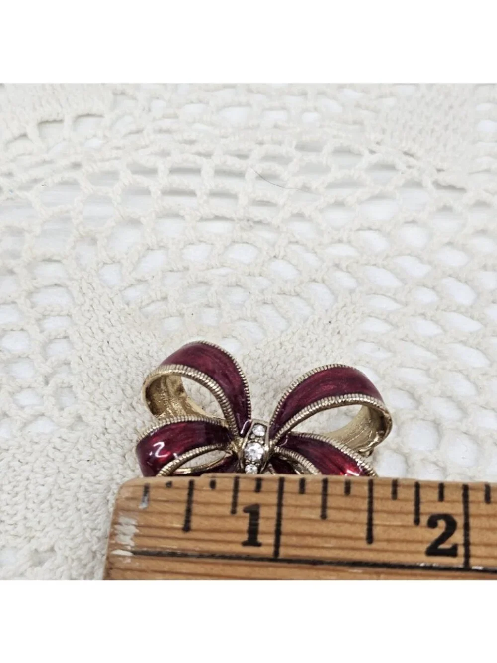 Monet 2005 Red Enamel Bow Brooch Pin Crystal Heart Dangle Charms Vintage Jewelry